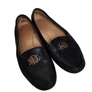 Lauren Ralph Lauren Carley Black Leather Loafers Gold Logo Size 6